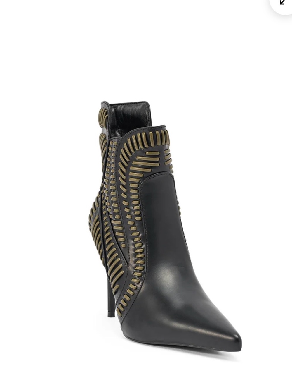 AKIRA Black Leather Pointed Ankle Boot with Gold Accent Detailing